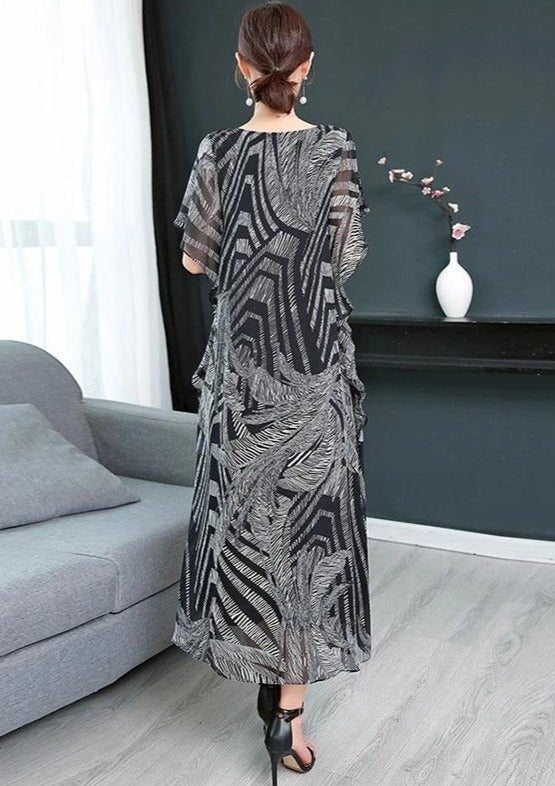 Simple o neck chiffon Wardrobes Women Sewing black print Kaftan Dress