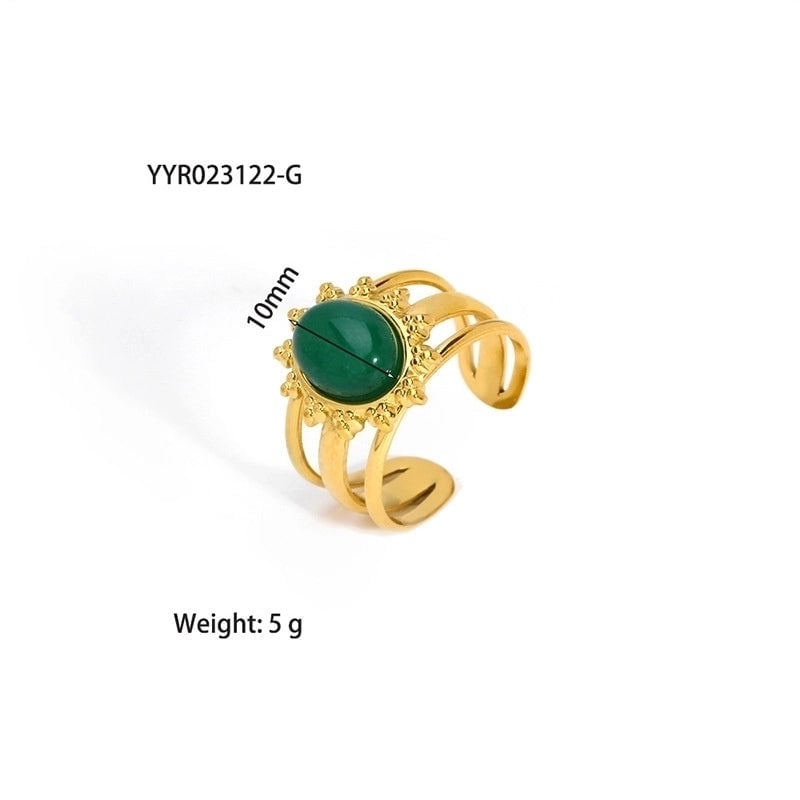 304 Stainless Steel 18K Gold Plated Retro Plating Inlay Heart Shape Solid Color Natural Stone Open Rings