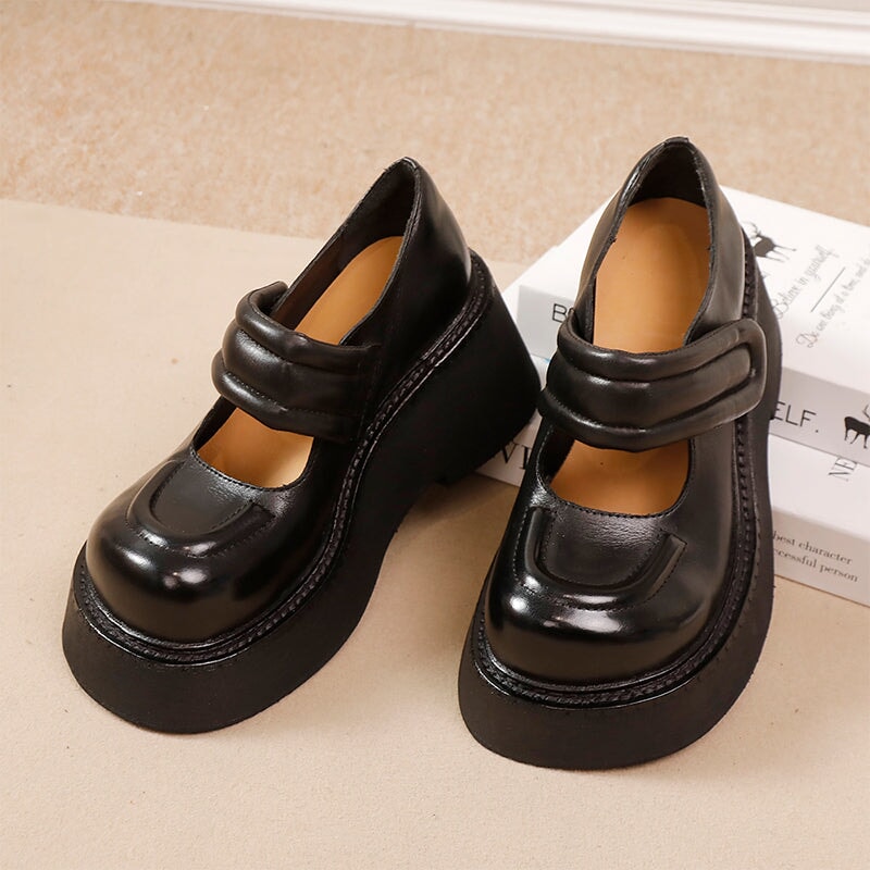 55mm Chunky Heel Vintage Cowhide Platform Mary Jane Shoes in Black/Khaki