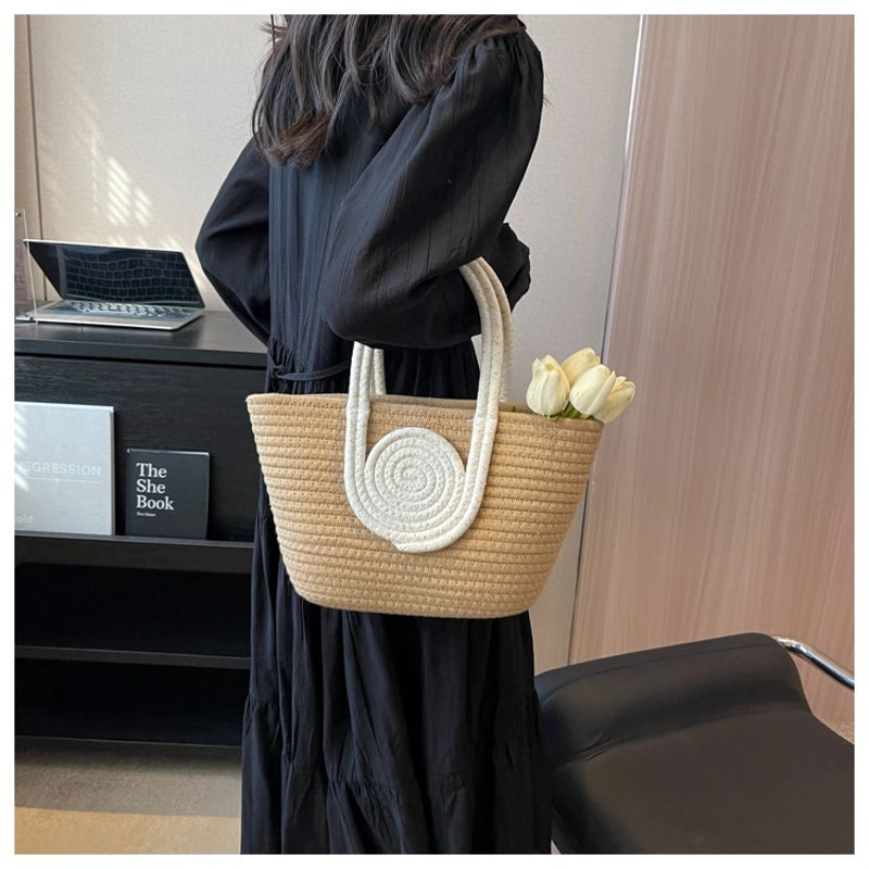 Women's Cotton Thread Splicing Vacation Weave Bucket Open Handbag
