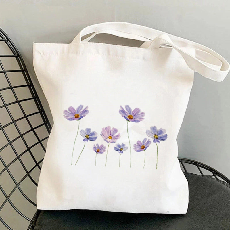 Women's Medium Canvas Flower Basic Classic Style Square Open Canvas Bag