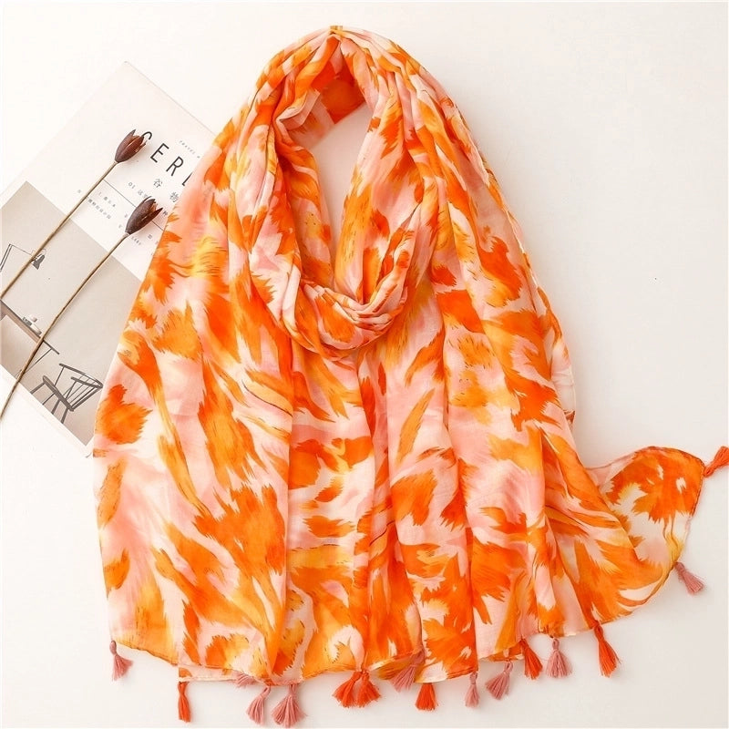Yarn Cotton Fruit Green Bright Yellow Leaf Printing Tassel Scarf Shawl