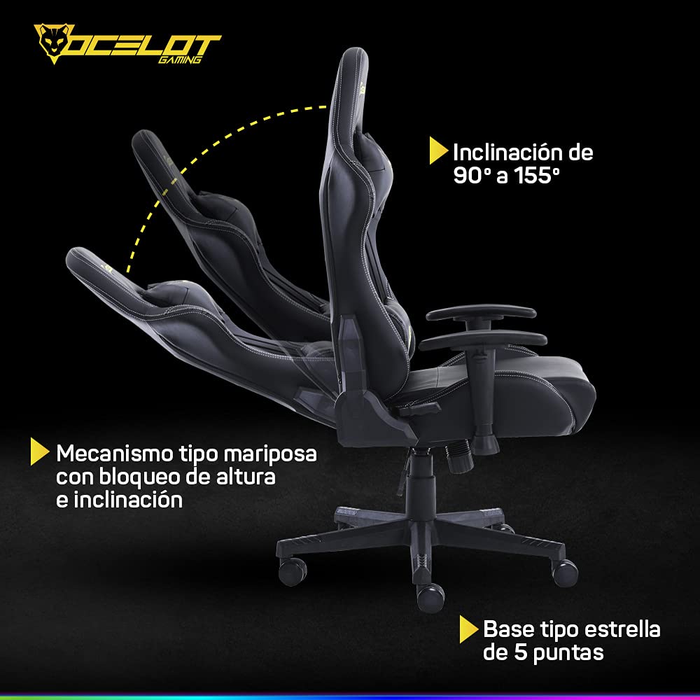 OCELOT GAMING Silla Gamer OGS-01, Base de plástico con descansa Brazos Ajustables y un ángulo de inclinación máxima de 155°, Incluye cojín Lumbar y Cervical - Soporta hasta 150Kg