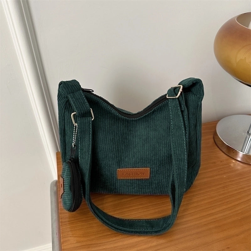 Women's Corduroy Solid Color Classic Style Square Zipper Shoulder Bag