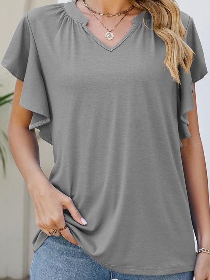 Solid V-neck Ruffled Short Sleeved Casual Top