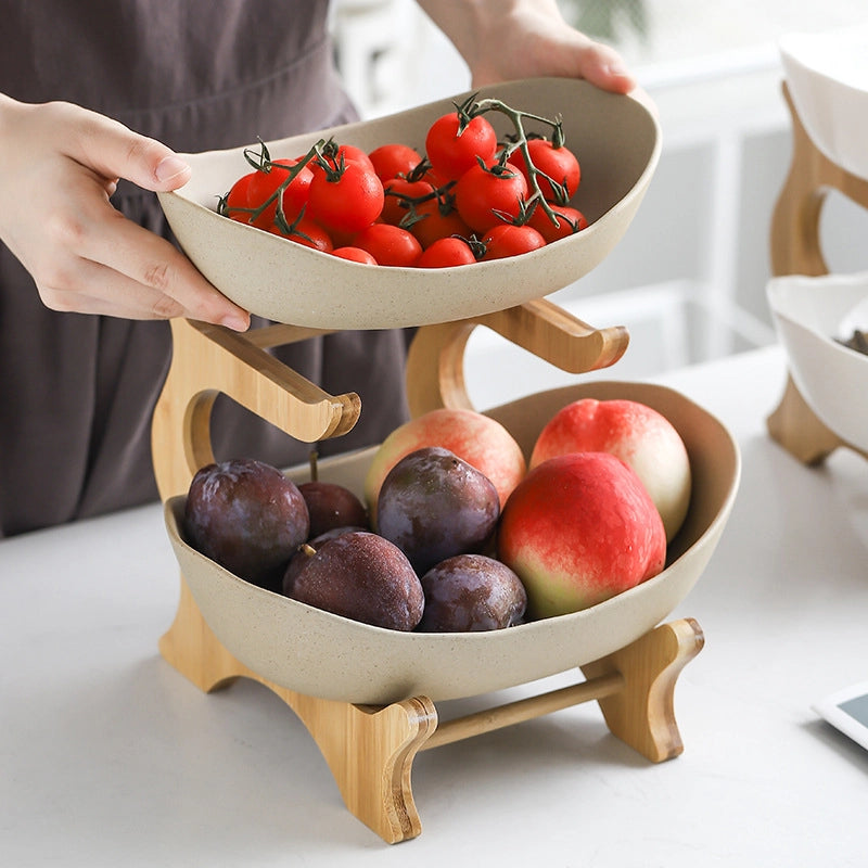 Creative Double-layer Multi-layer Fruit Plate European-style Ceramic Dried Fruit Plate Bamboo Rack Household Sushi Plate Direct Fruit Basket