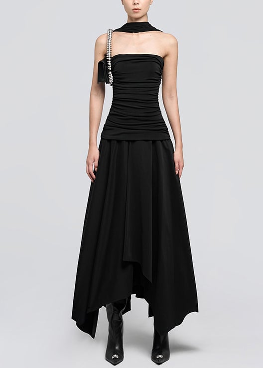 Italian Black Wrinkled Solid Cotton Long Dress Sleeveless
