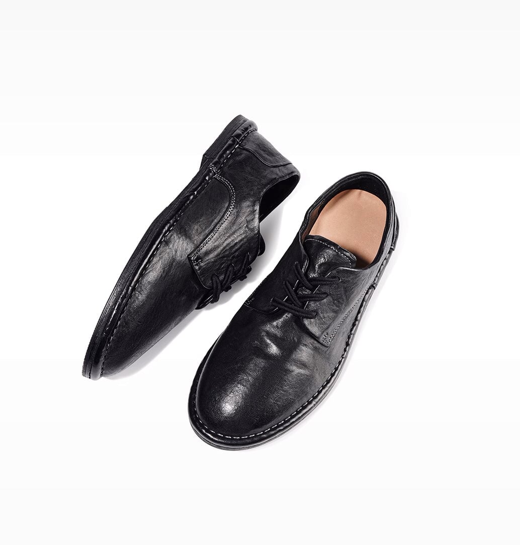 Handmade Stitching Lightweight Horse Leather Oxford Shoes Lace-Up Casual Shoes in Black/Red