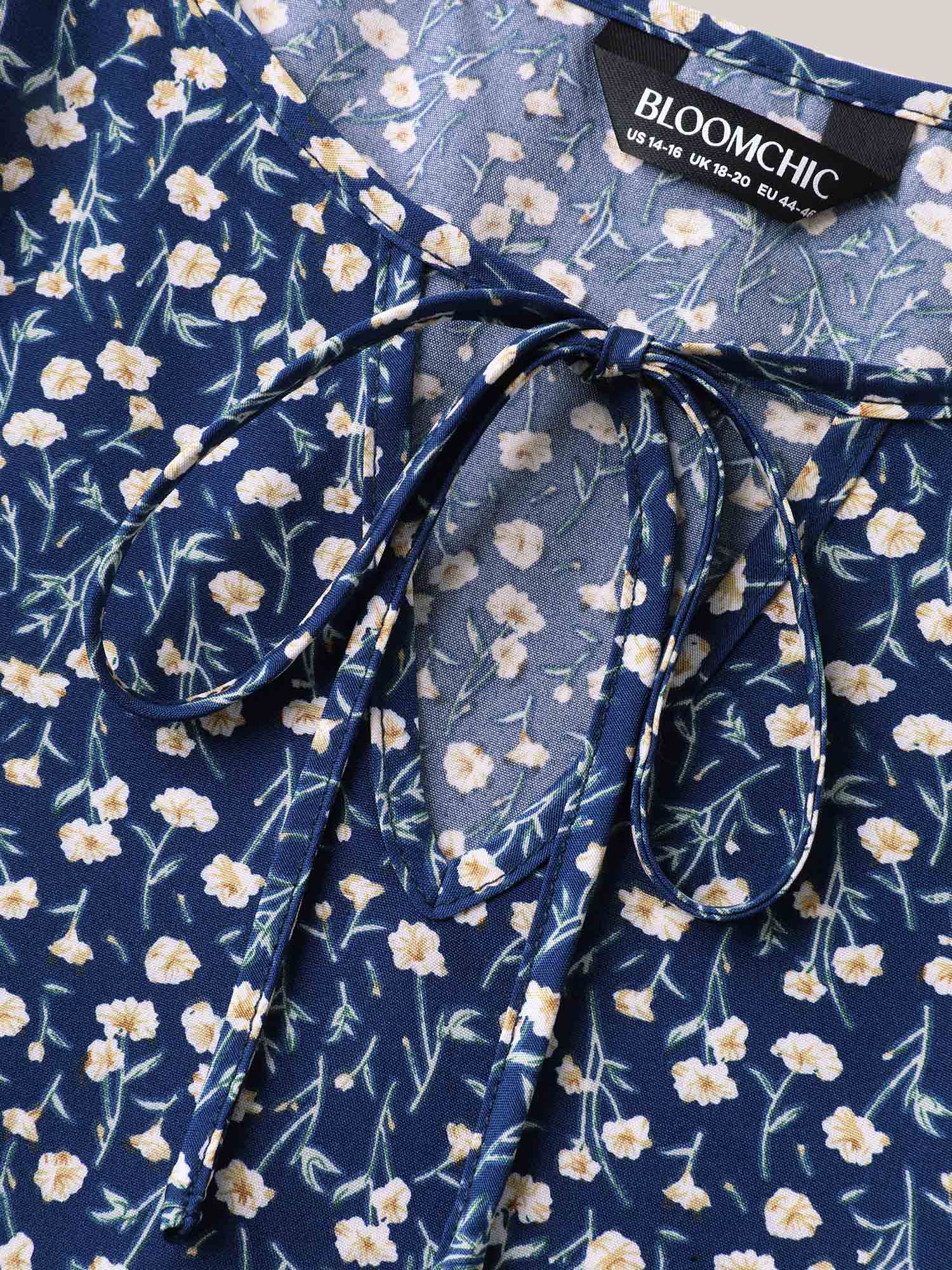 Floral Printed Lotus Sleeve Tied Blouse