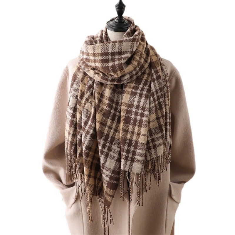 Autumn And Winter Plaid Artificial Cashmere Scarf Stylish Simple And Versatile Warm Scarf Ladies Tassel Shawl