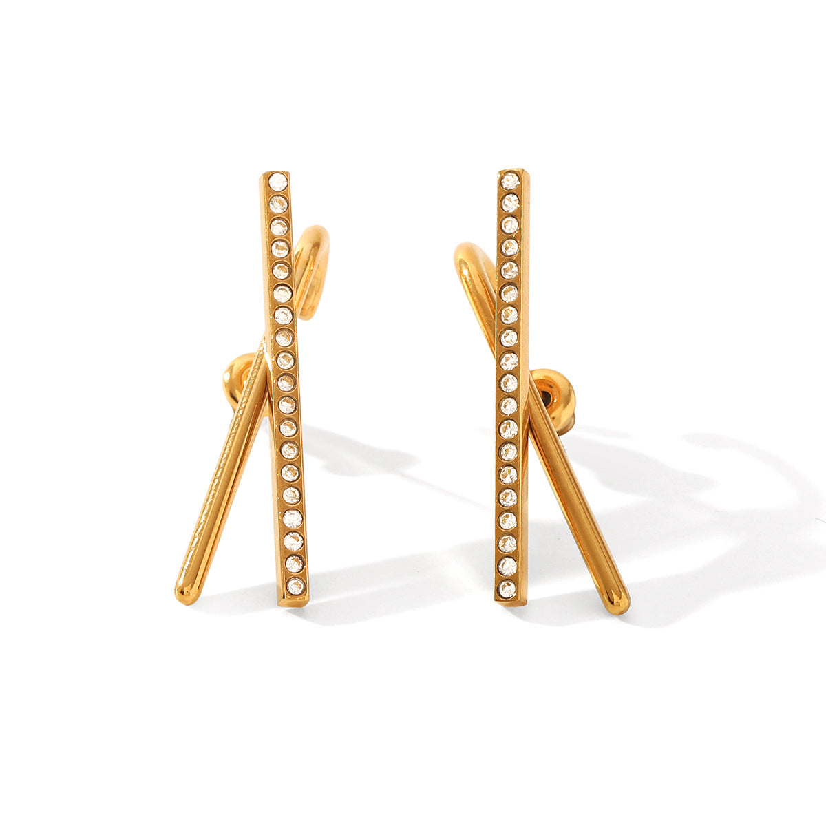Ins Style Stainless Steel Earrings Design Cross-Line Diamond Earrings 18K Gold Titanium Steel Earrings