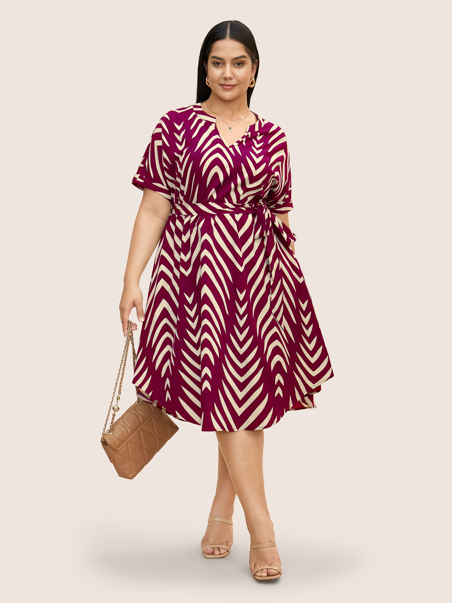 Geometric Belted Dolman Sleeve Curved Hem Dress