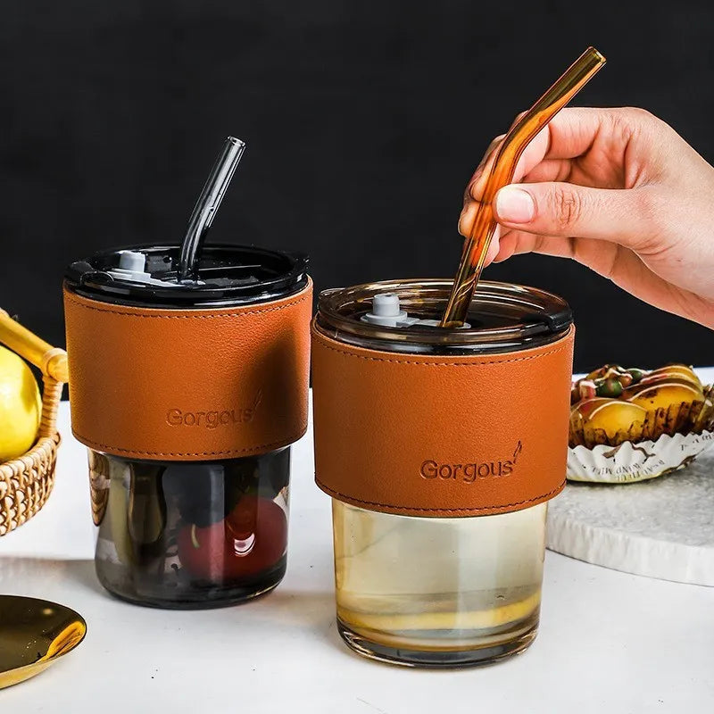 GORGOUS DOUBLE DRINKING GLASS CUP WITH GLASS STRAW 450ML