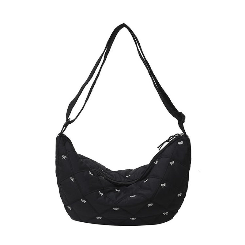 Women's Canvas Lingge Bow Knot Classic Style Dumpling Shape Zipper Shoulder Bag Crossbody Bag