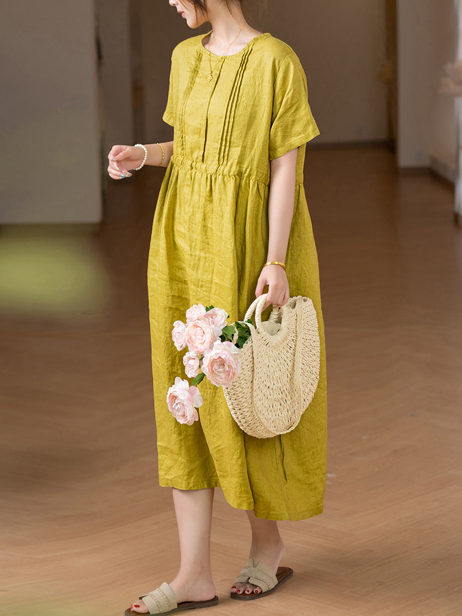 Women Summer Pure Color Shirred O-Neck 100%Linen Dress