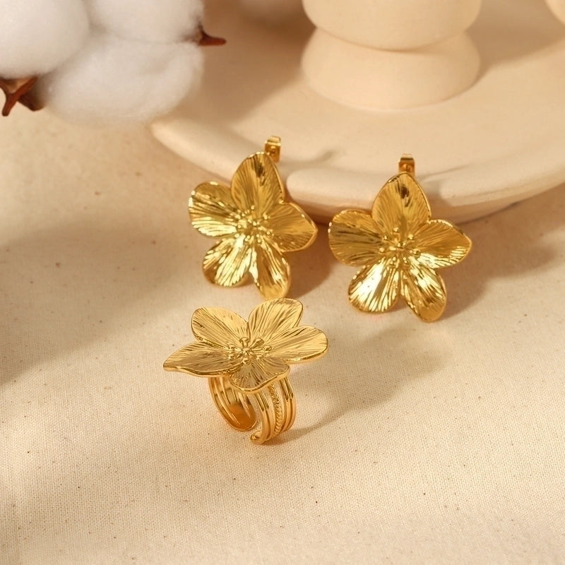 304 Stainless Steel 18K Gold Plated Retro Plating Flower Rings Earrings