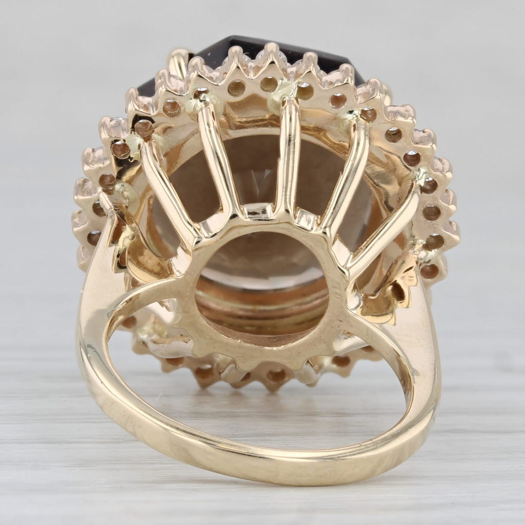18.4ctw Smoky Quartz Diamond Halo Ring 14k Yellow Gold Size 7 Cocktail