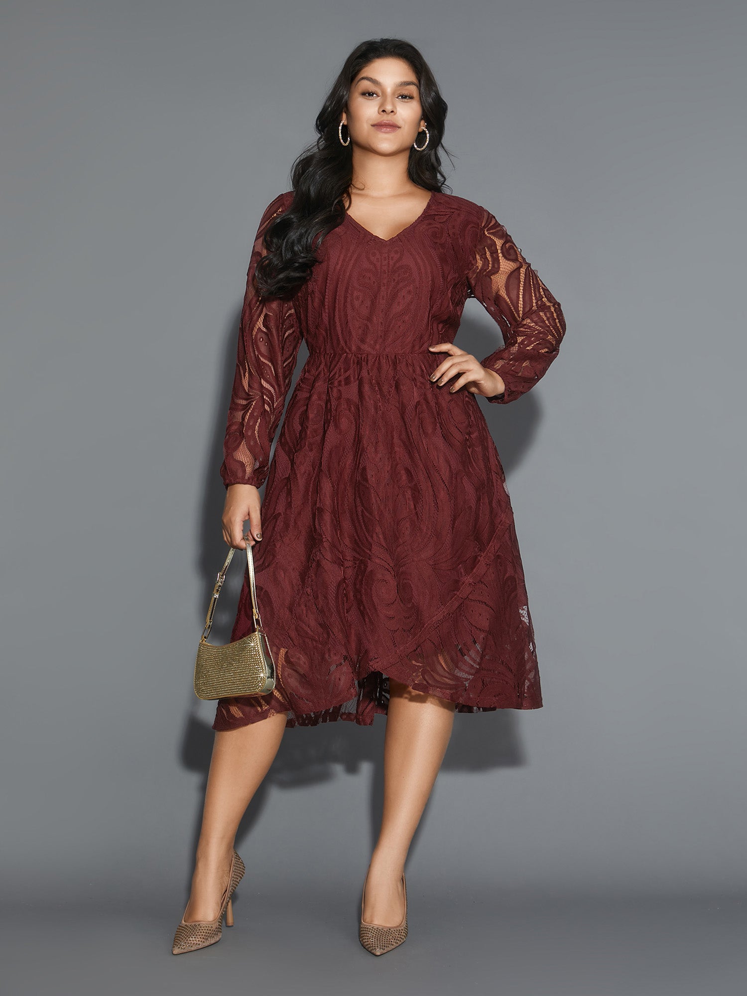 Crochet Lace Mesh Lantern Sleeve Dress