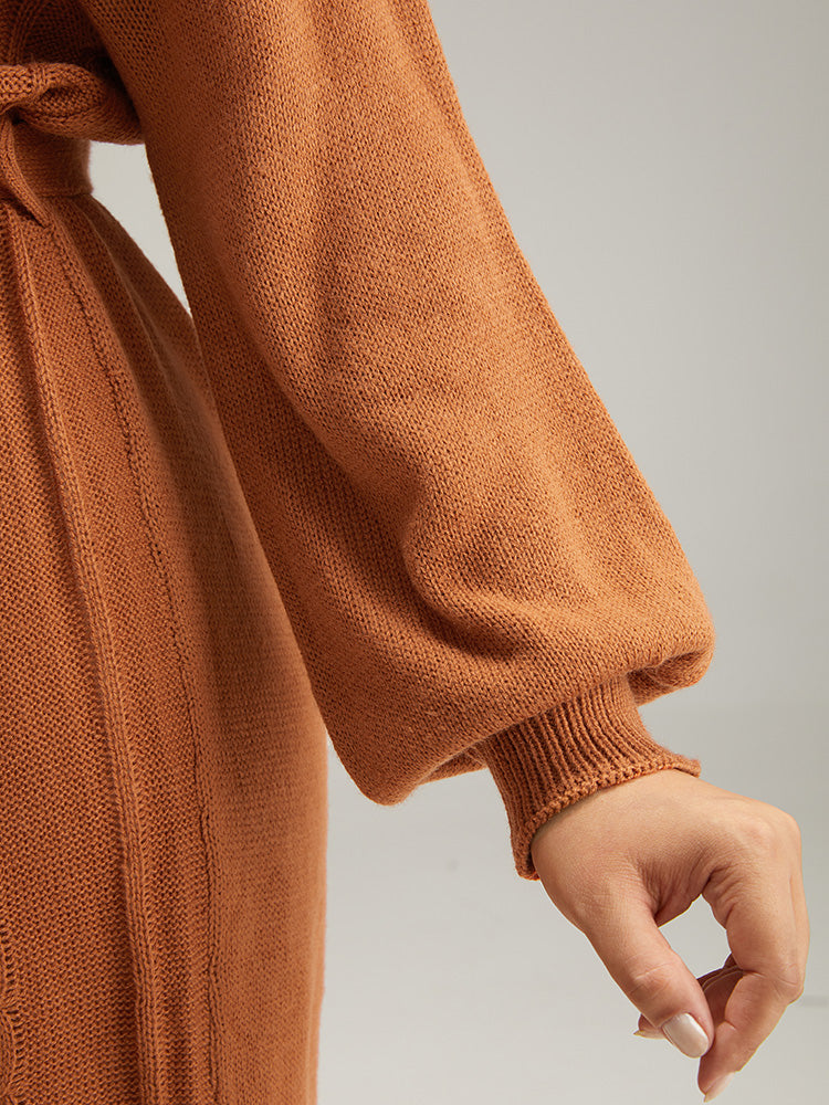 Cable Knit Belted Lantern Sleeve Sweater Dress