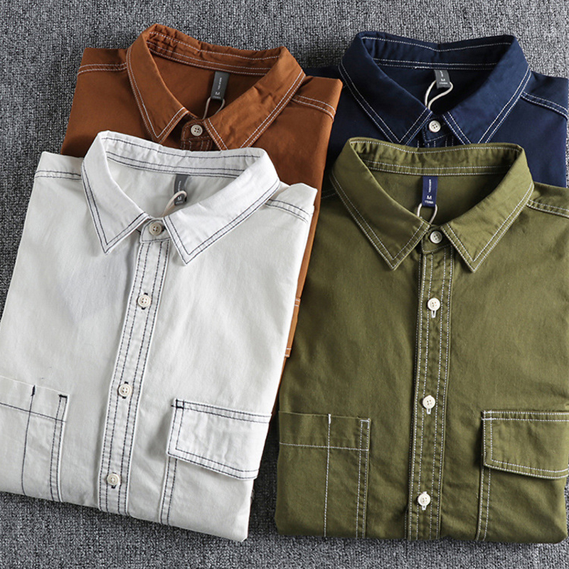 Vintage Cotton Single-Breasted Workwear Long-Sleeve Shirt