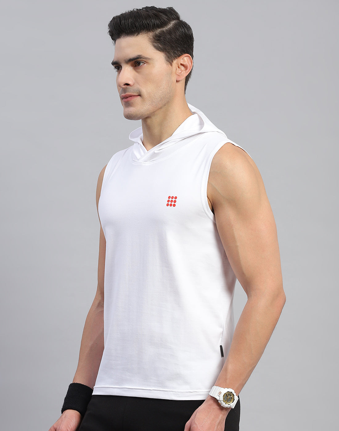 Men White Solid Hooded Sleeveless T-Shirt