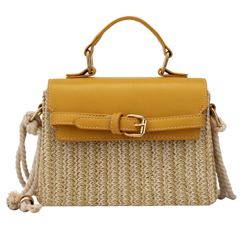 Women's Small Pu Leather Straw Color Block Vacation Classic Style Weave Square Magnetic Buckle Shoulder Bag Handbag Crossbody Bag