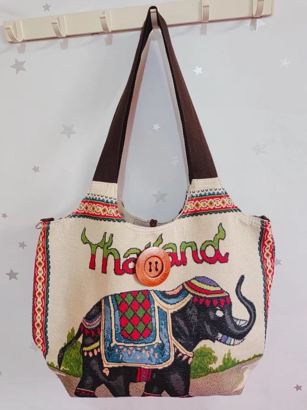 Women's Large Canvas Elephant Ethnic Style Square Zipper Shoulder Bag