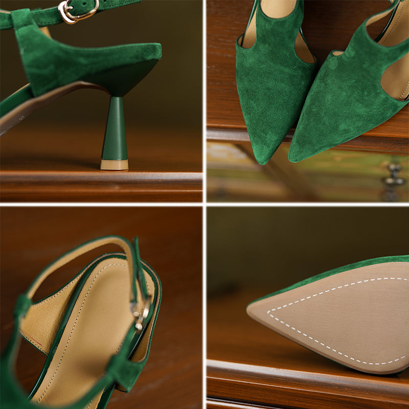 Elegant Pointed Toe Suede Leather Slingback Pumps 70mm Kitten Heel with Buckle Strap in Black/Green