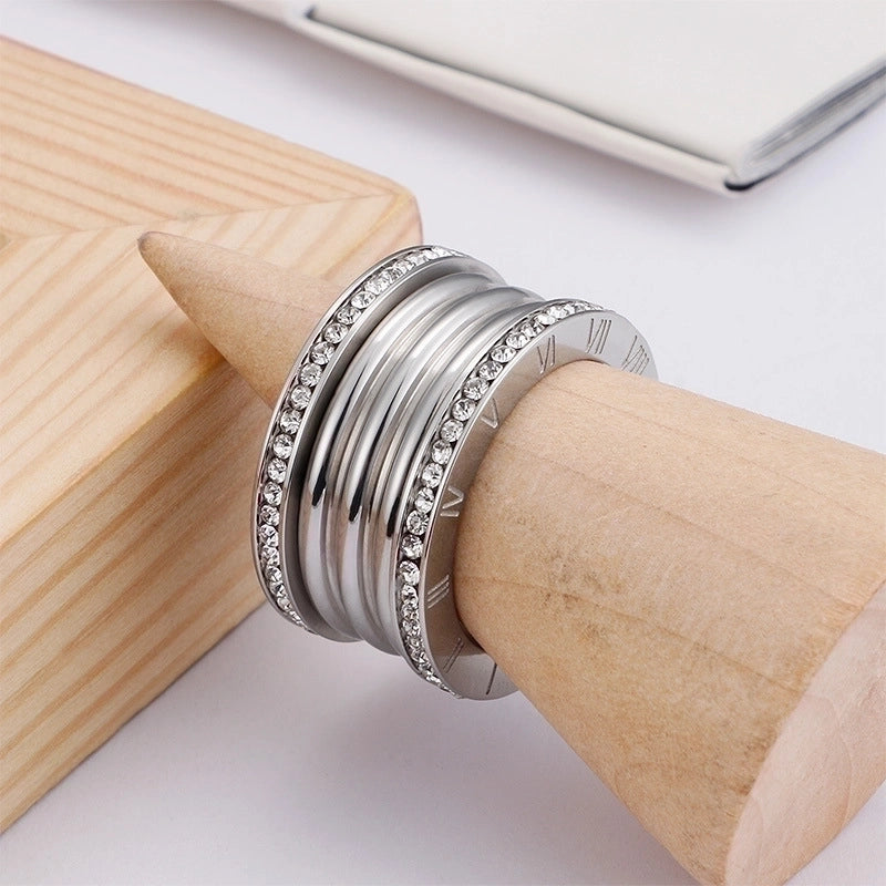 Lady Roman Numeral Titanium Steel Rhinestones 18K Gold Plated Inlay Rings