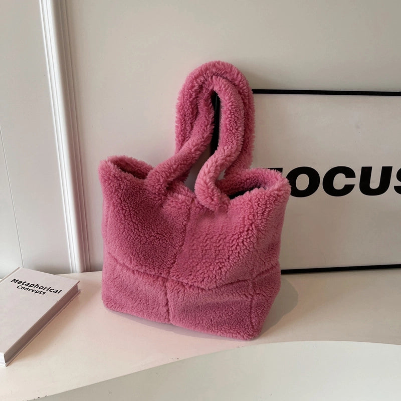 Women's Large Plush Solid Color Streetwear Bucket Magnetic Buckle Tote Bag