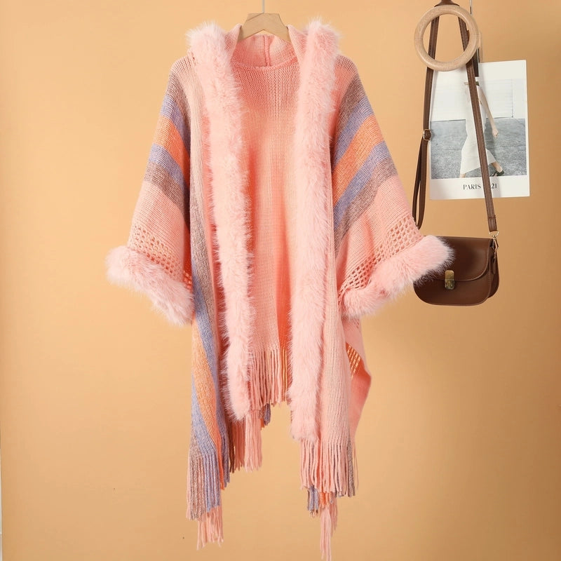Women's Retro Ethnic Style Color Block Acrylic Tassel Shawl