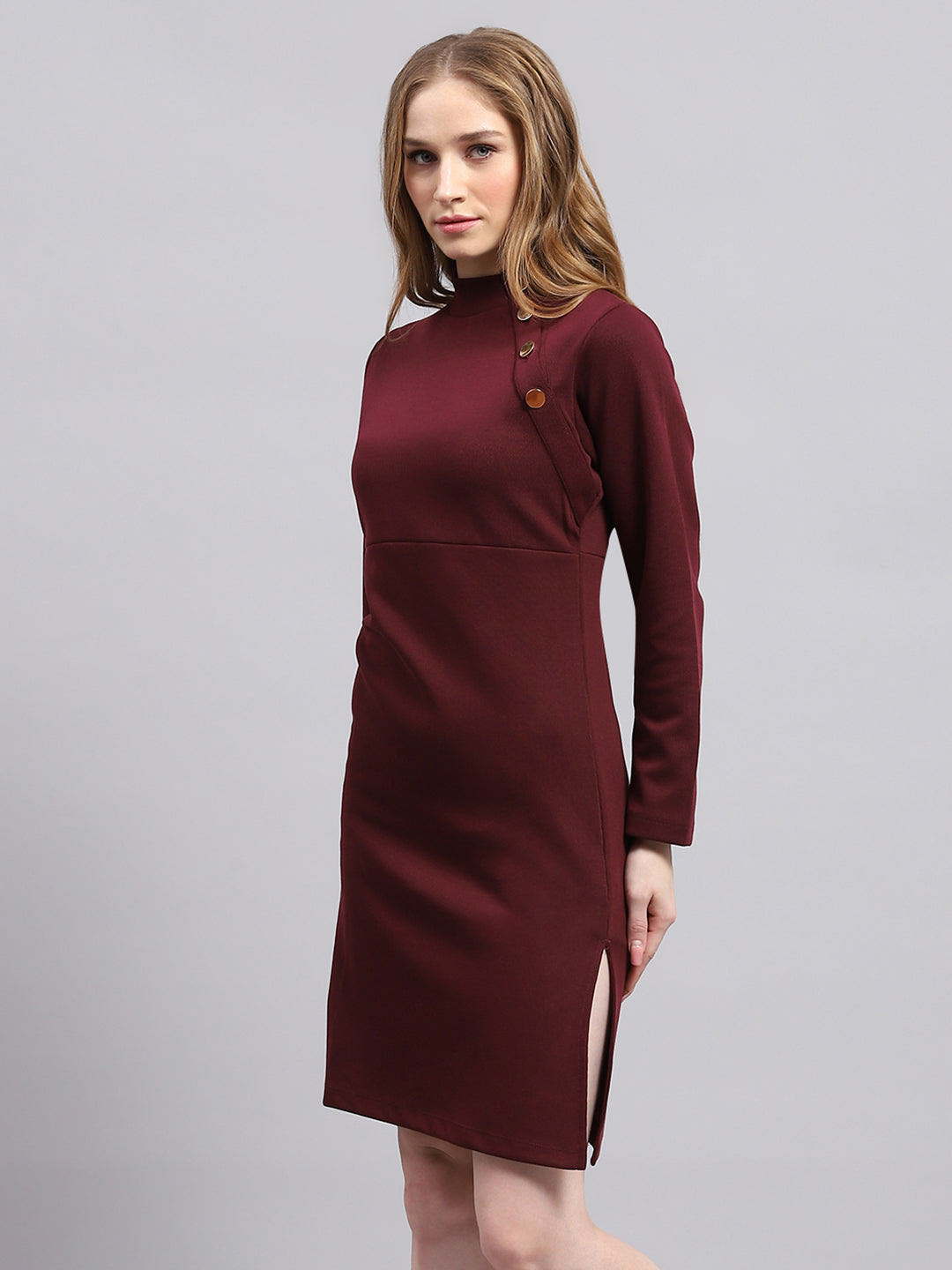 Women Maroon Solid Mock Neck Full Sleeve Dress