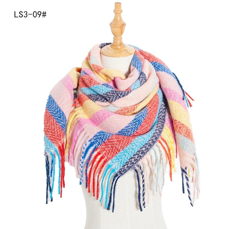 New Circle Yarn Stripe Plaid Polyester Long Tassel Bristle Square Scarf Female Men's Scarf Shawl