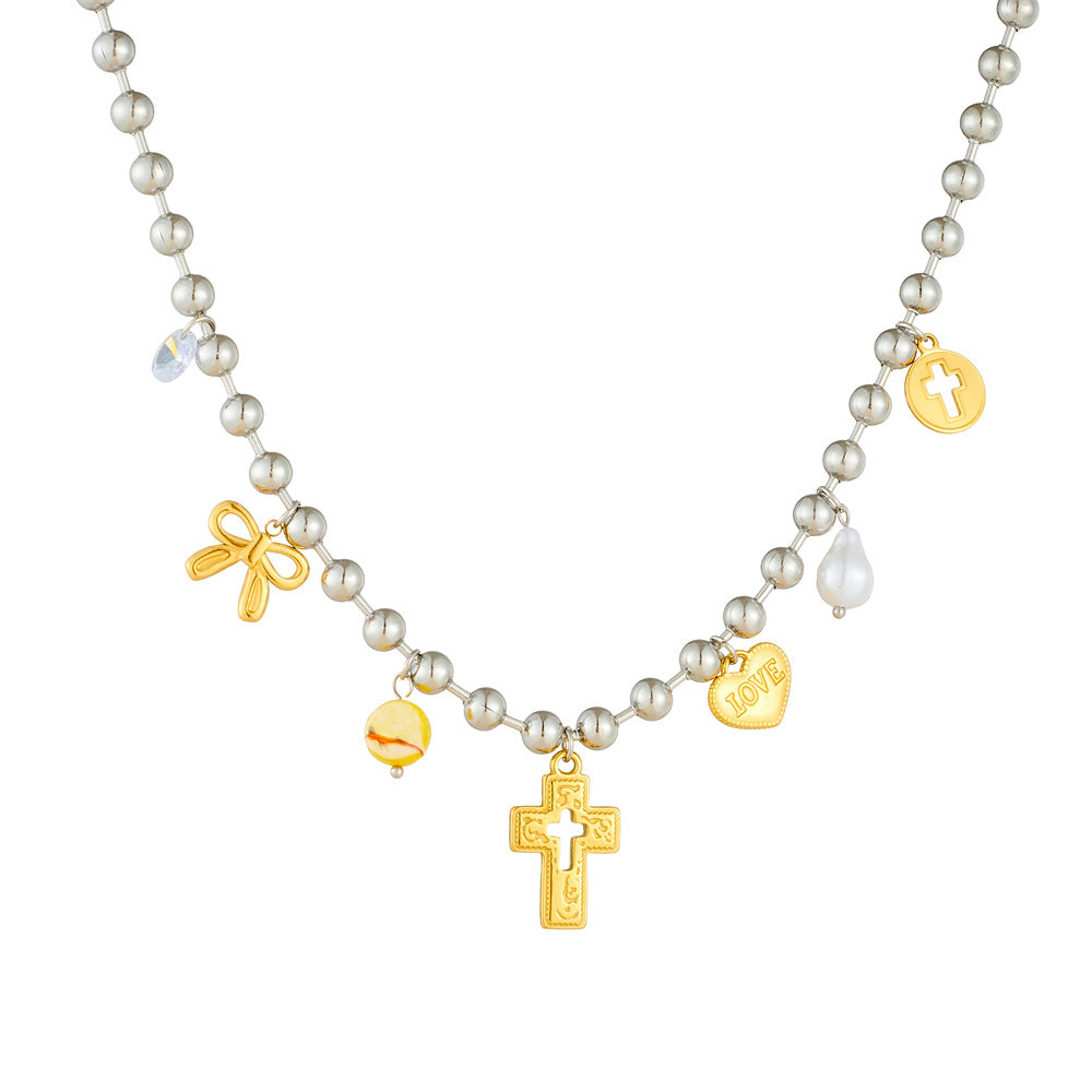 Fashion Sweet Cool Ins Style Cross Love Bowknot Oil Drop Eye Pendant Stainless Steel Design Necklace Female
