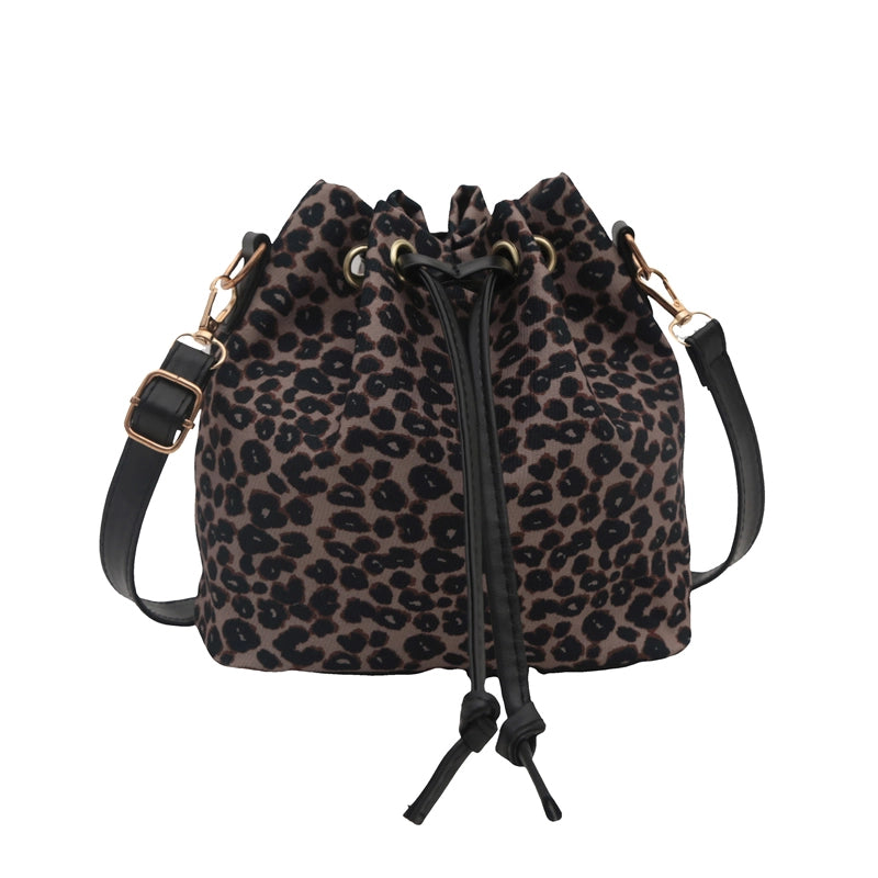 Retro Drawstring Bucket Bag Leopard Fashionable Crossbody Bag Fashion Artistic Trendy One-Shoulder Bag