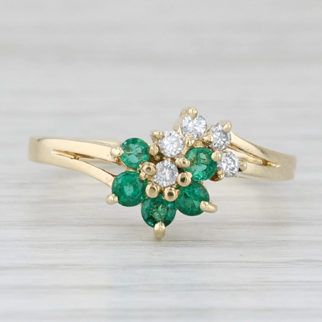 0.35ctw Emerald Diamond Flower Ring 14k Yellow Gold Size 6.75 Bypass