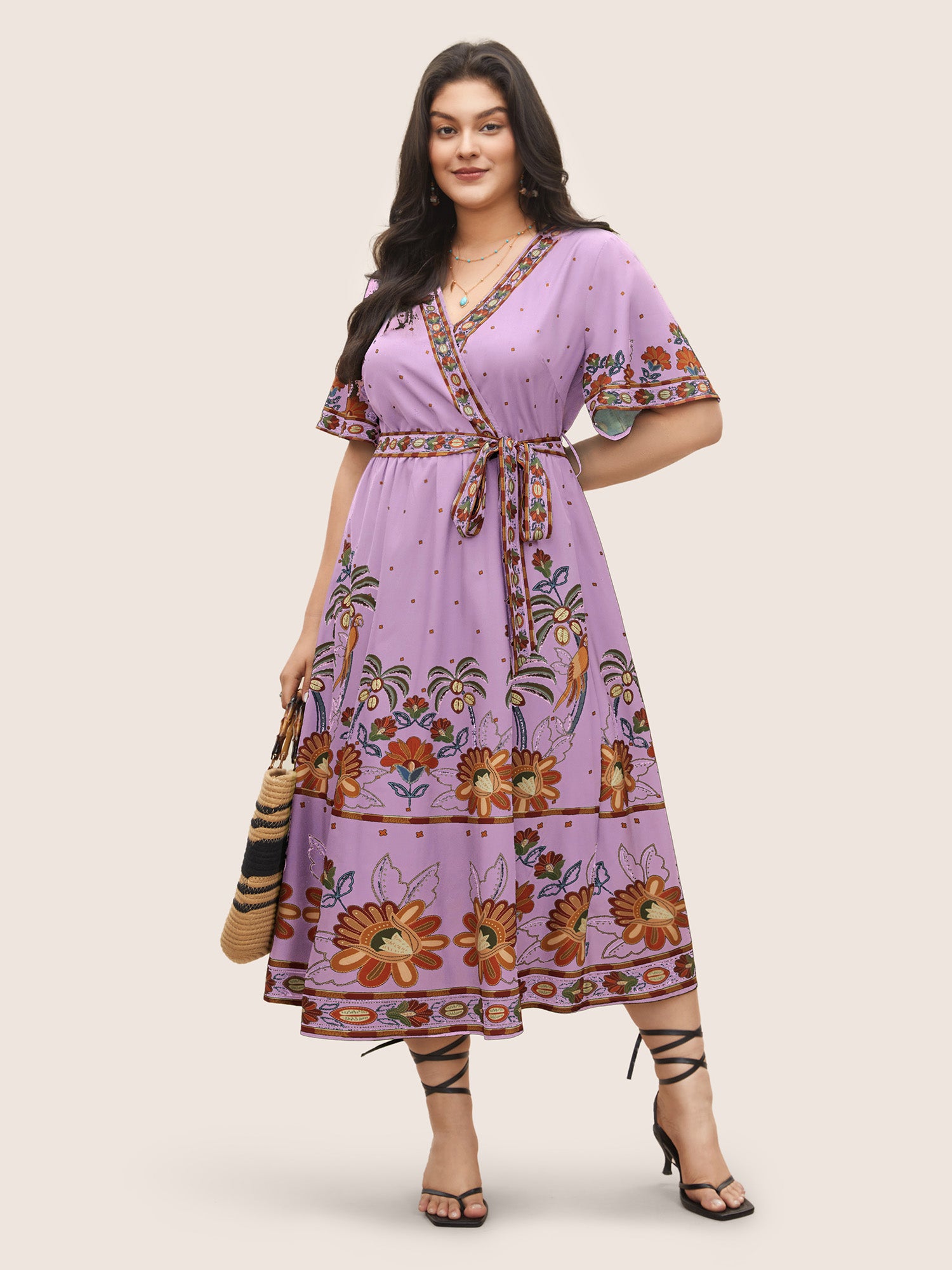 Bandana Print Surplice Neck Flutter Sleeve Dress