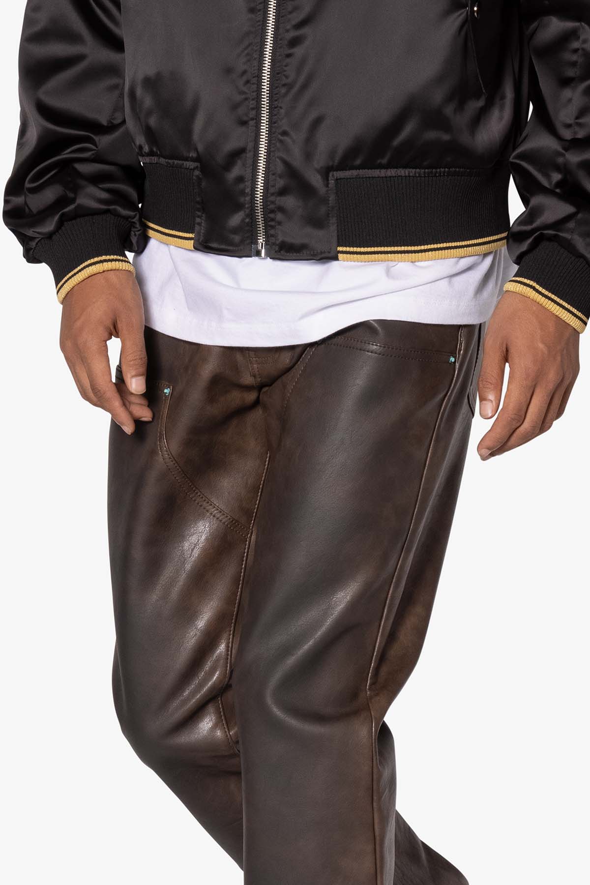 B702 Double Knee Leather Pants - Brown