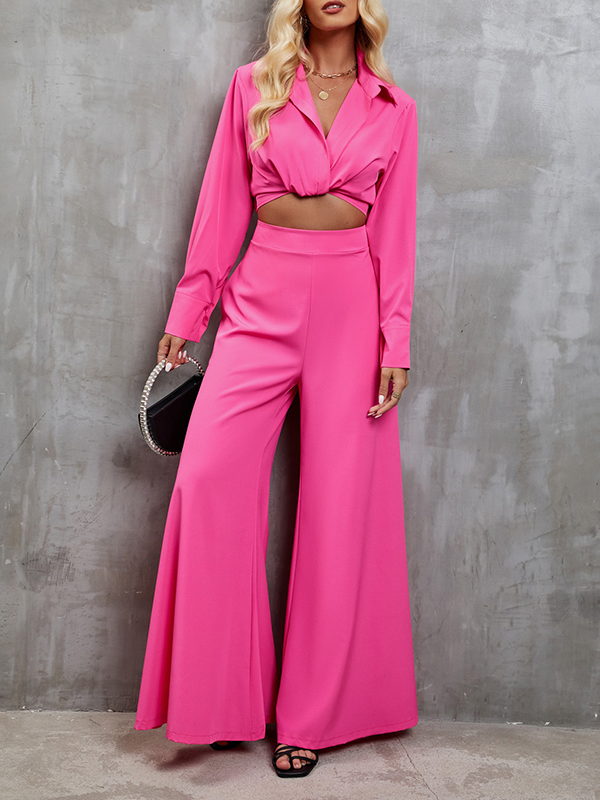 Loose Solid Color Split-Joint Lapel Blouse + Wide Leg Pants Trousers Two Pieces Set