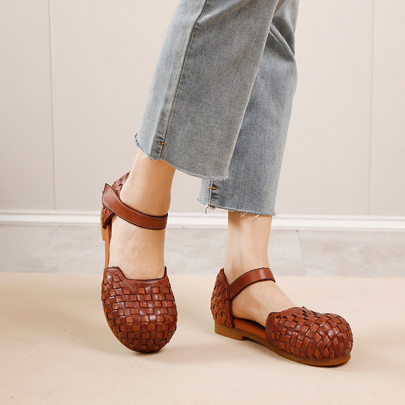 Handwoven Leather Closed Toe Flat Sandals Round Big Toe Mary Jane Shoes with Velcro Strap in Brown/Caramel