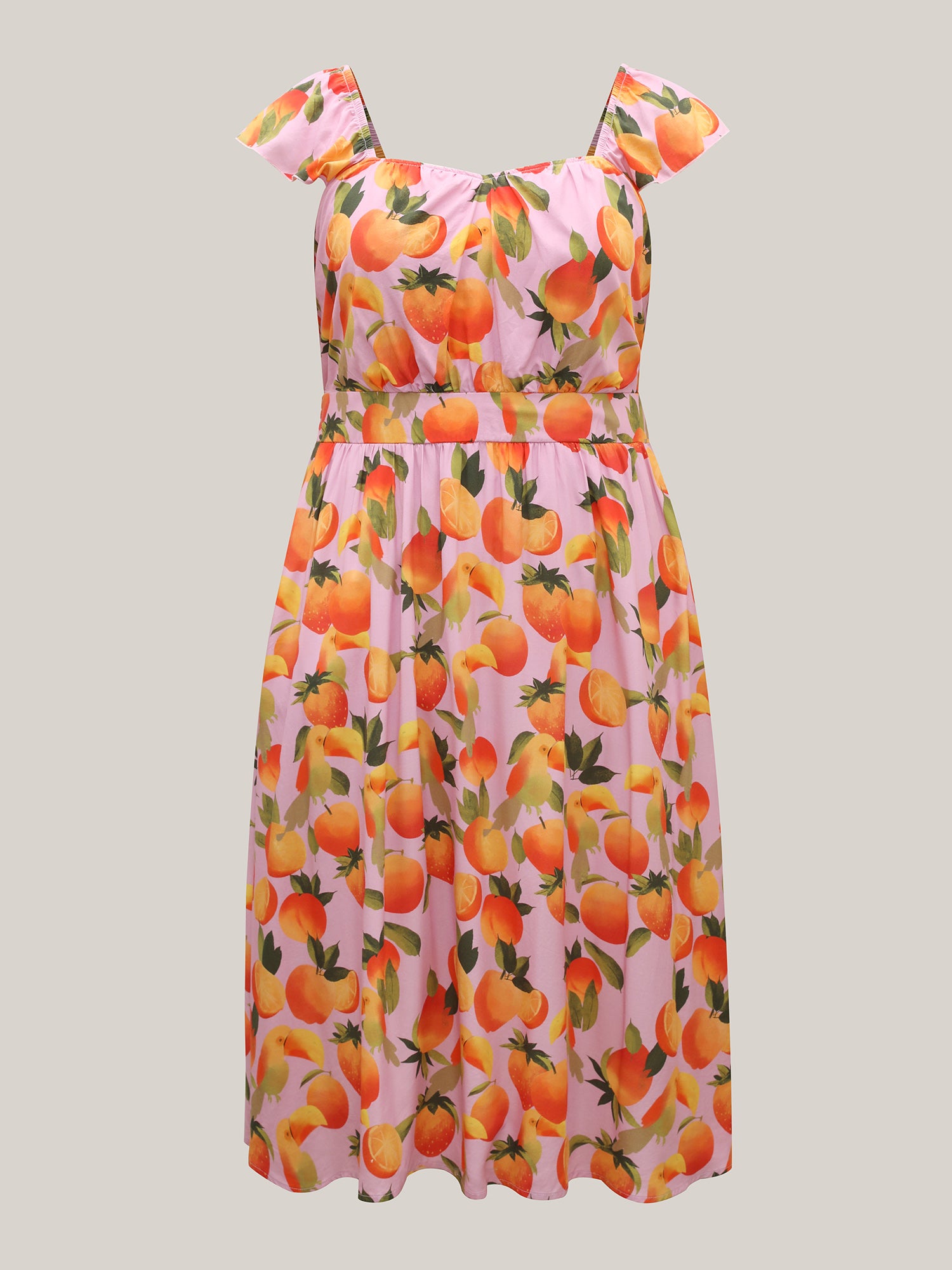 Citrus Print Pleated Sweetheart Midi Dress