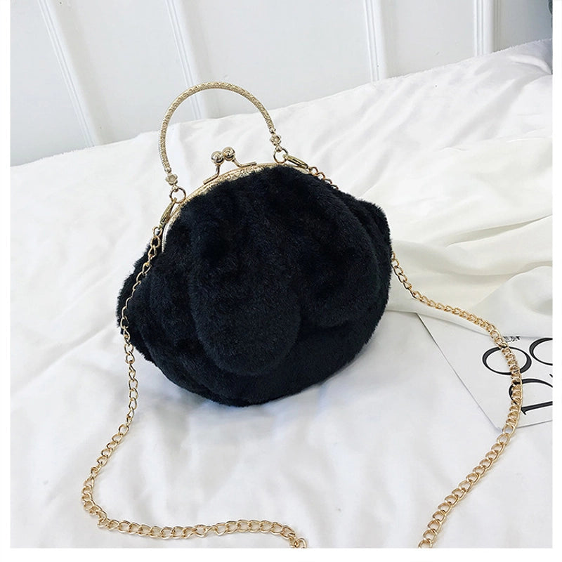 Women's Plush Rabbit Solid Color Cute Round Lock Clasp Handbag Crossbody Bag