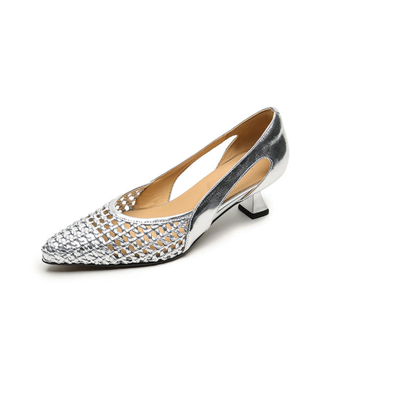 Pointed Toe Woven Kitten Heel Pumps Hollow Out Leather Fashion Office Shoes in Black/Beige/Silver