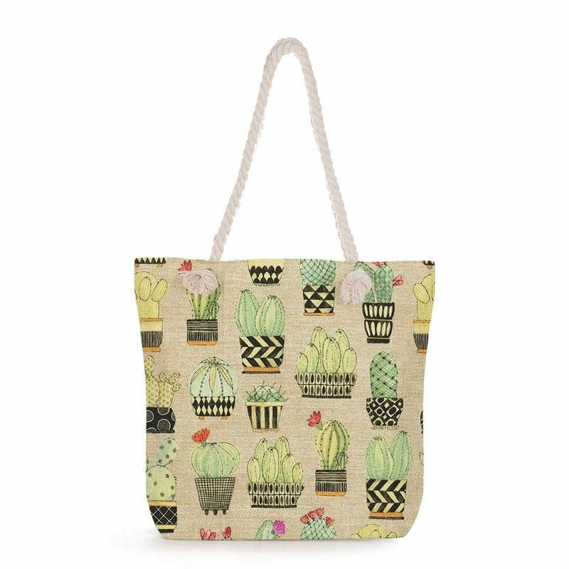 Women's Medium Linen Cactus Vacation Classic Style Square Zipper Tote Bag Beach Bag