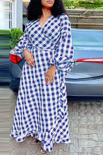 Vintage Lantern Sleeve Plaid Maxi Dresses