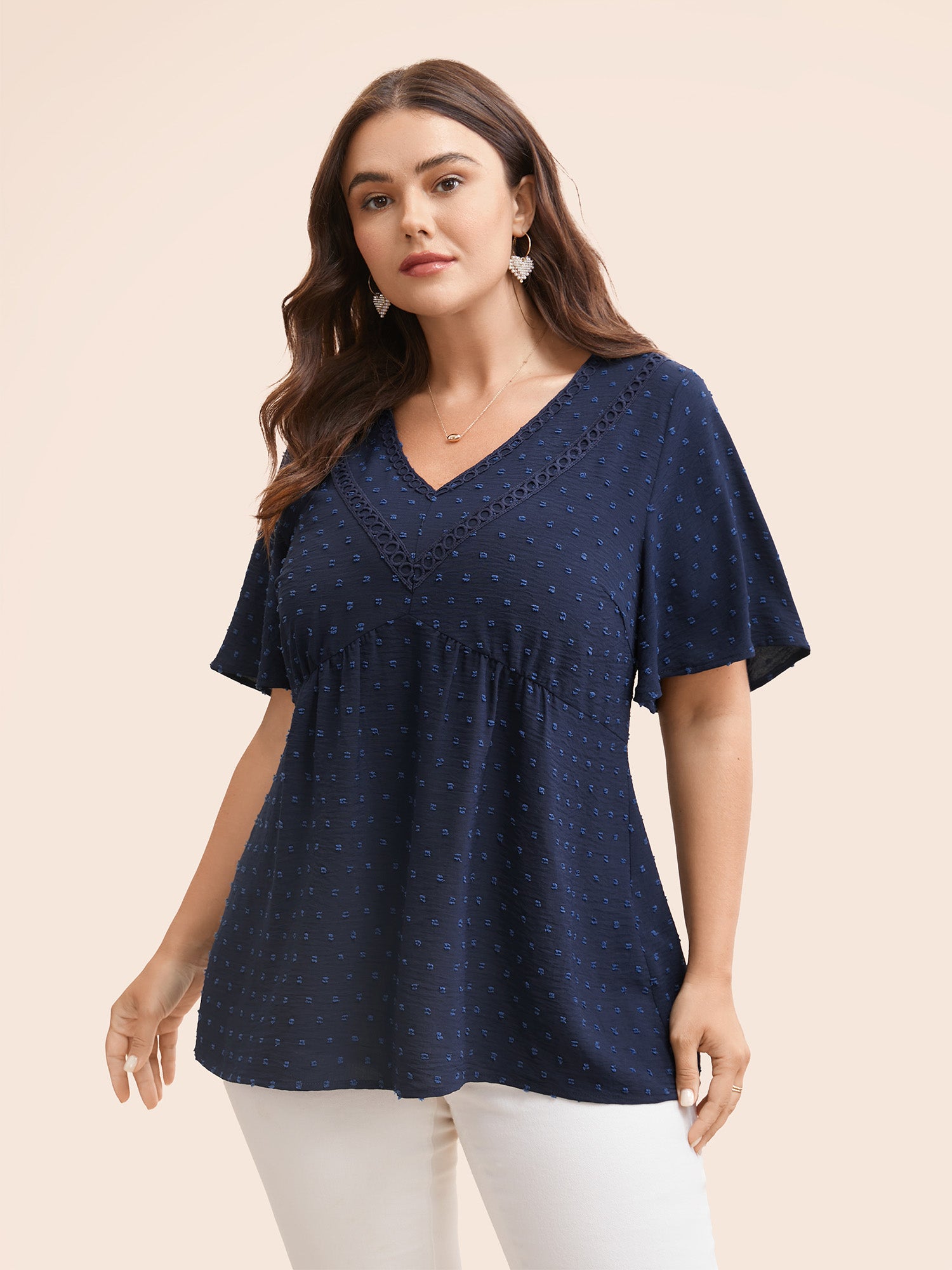 Polka Dot Frill Trim V Neck Flutter Blouse