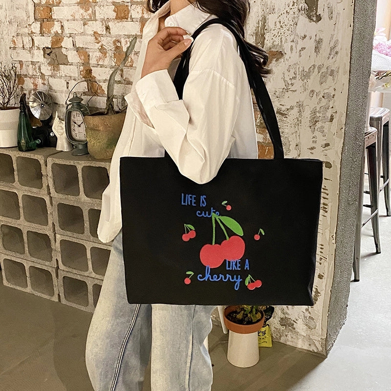 Women's Canvas Cherry Cute Sewing Thread Square Zipper Canvas Bag Tote Bag
