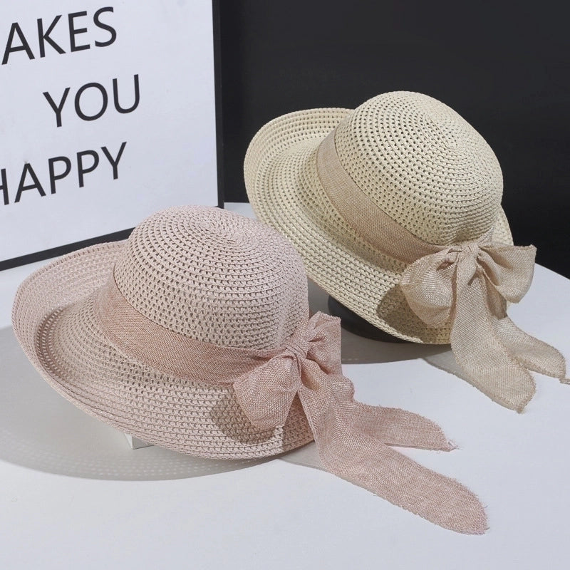Women's Vintage Style Bow Knot Hollow Out Crimping Straw Hat