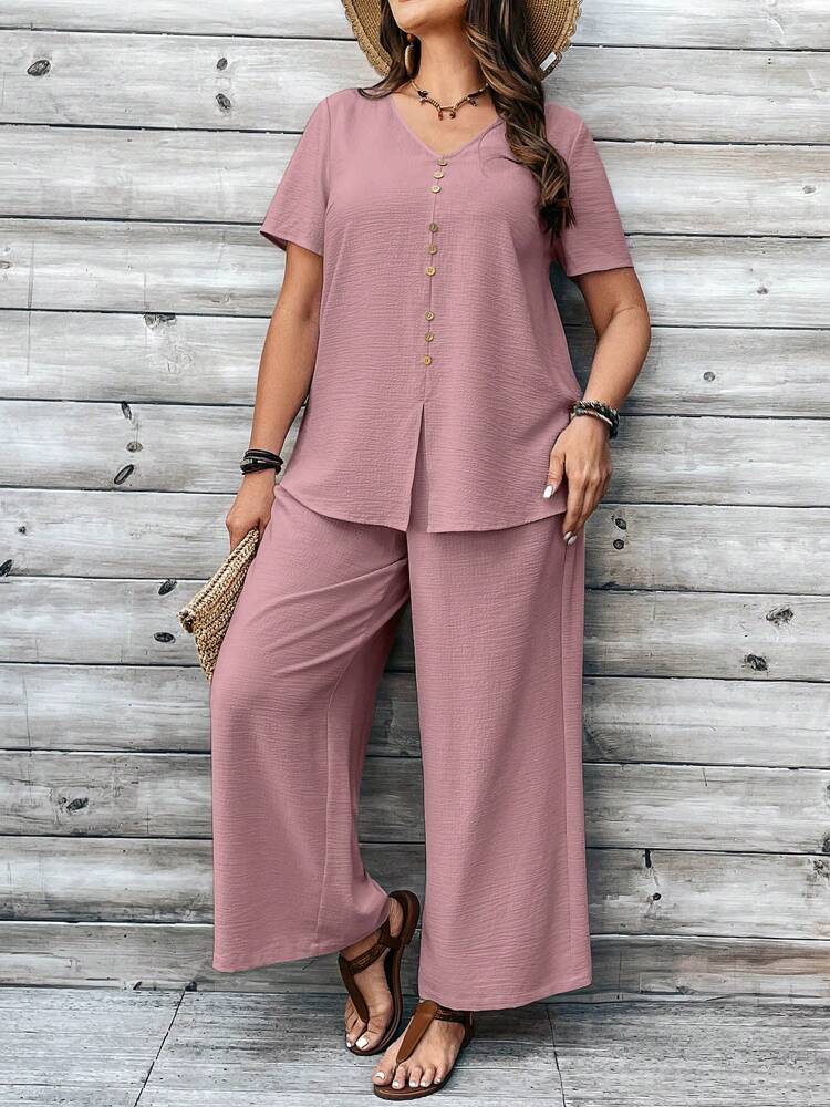 Plus Size V-Neck Short-Sleeved Top And Wide-Leg Pants Two-Piece Set