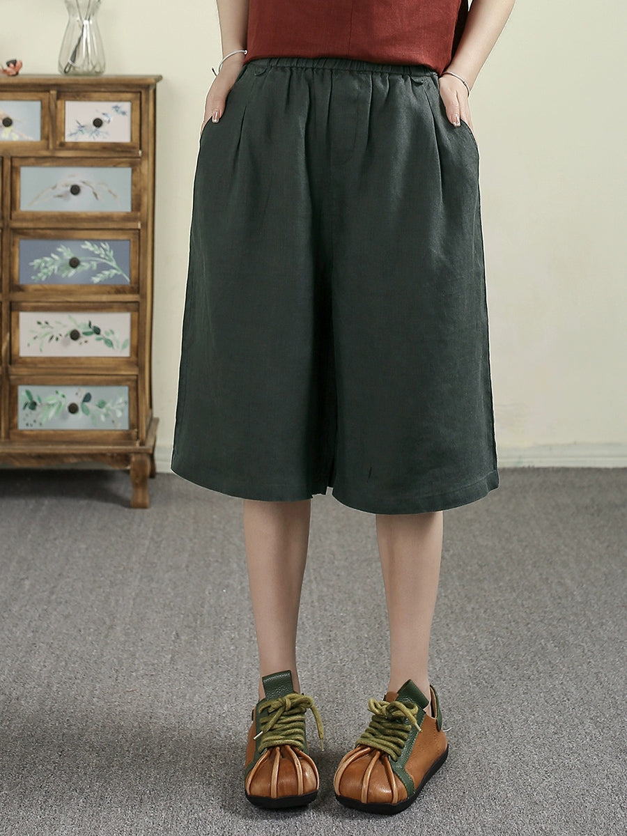 Women Summer Pure Color 100%Linen Wide-leg Fifth Pants